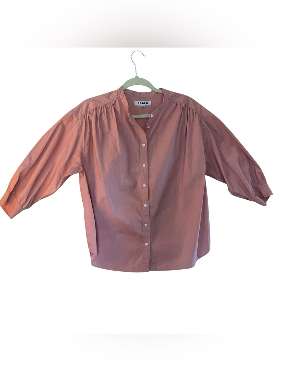 Boden Pink Cotton Popover Blouse Puff Sleeve Mandarin Collar Top US 8
